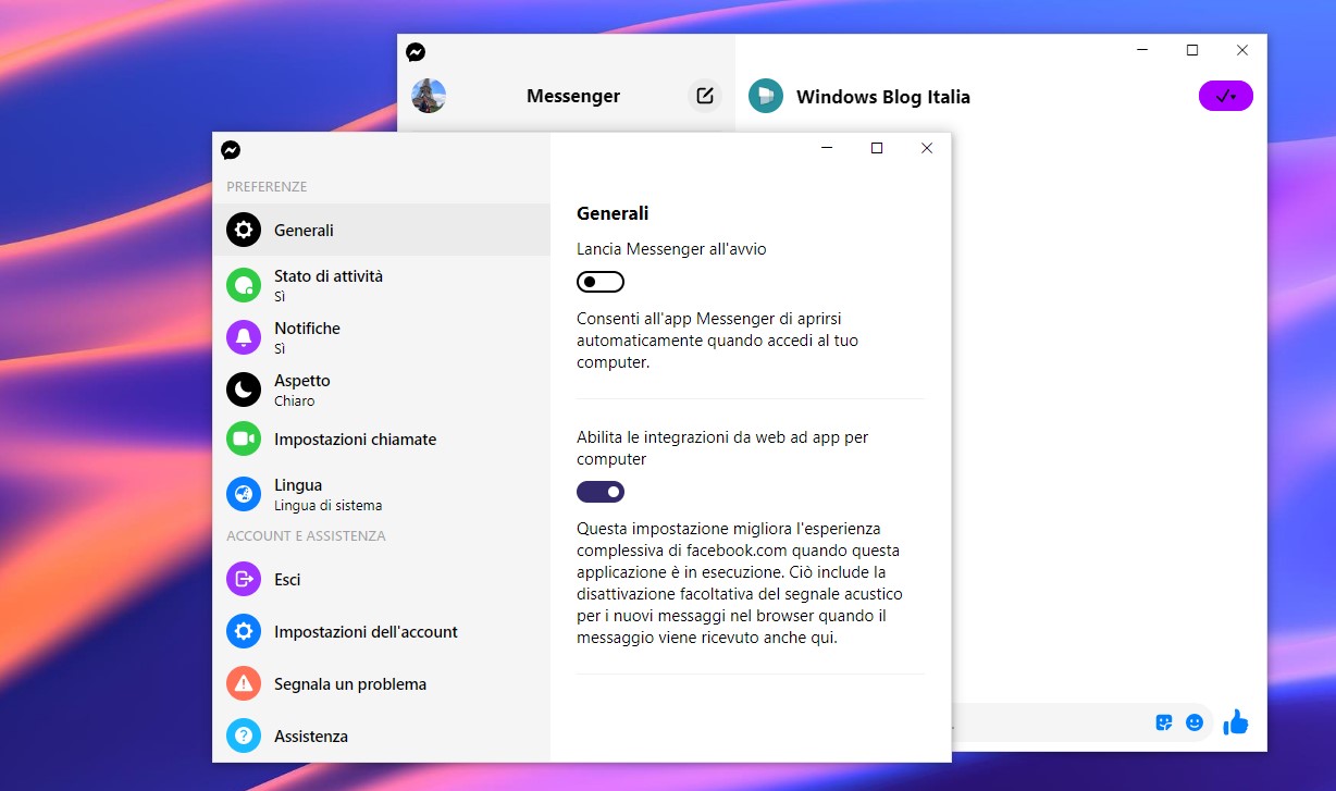 Messenger per Windows 10 - Integrazioni con il sito web di Facebook