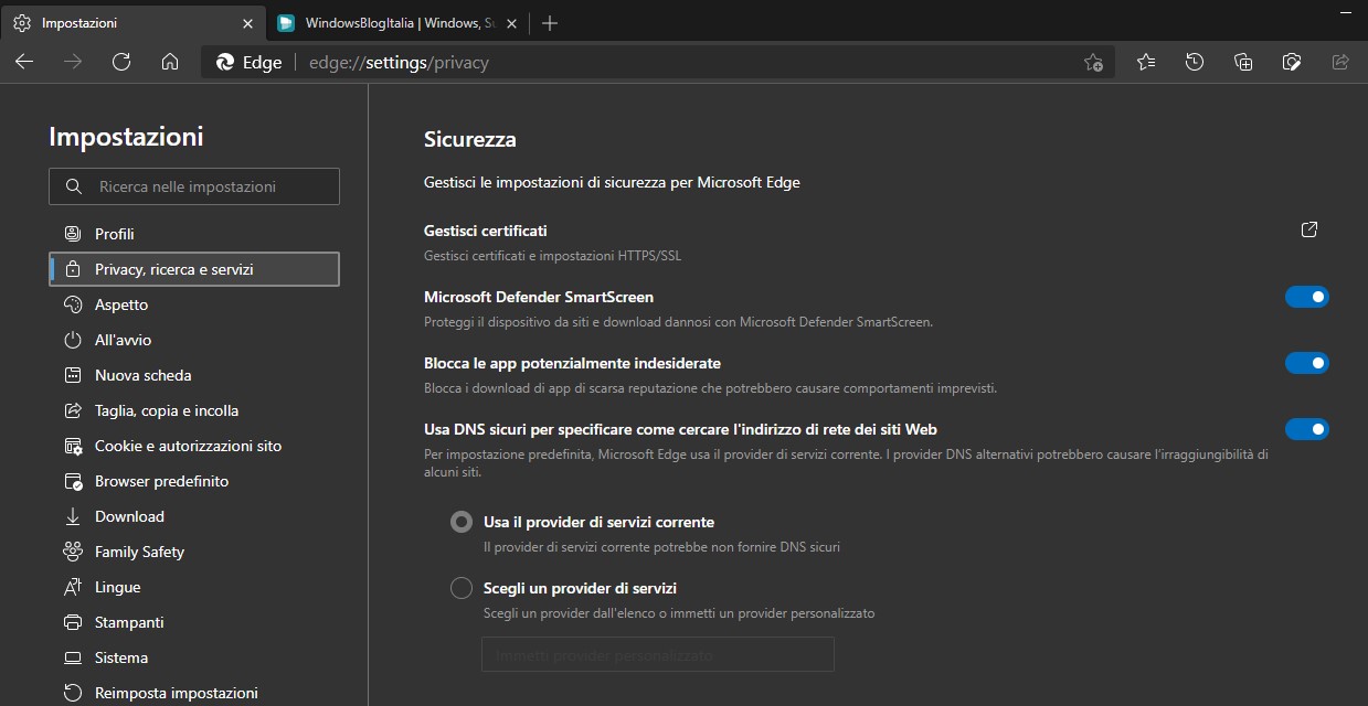 Microsoft Edge 88 - DNS sicuri