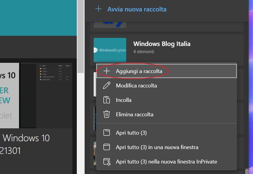 Microsoft Edge - Aggiungi pagina corrente alla raccolta dall'elenco delle Raccolte
