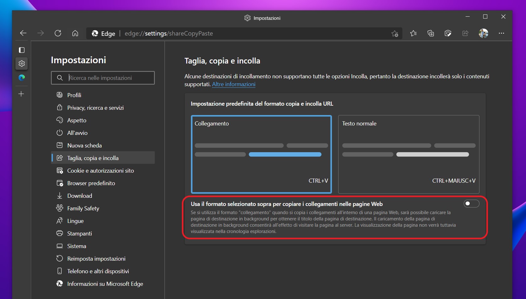 Microsoft Edge - Impostazioni taglia copia e incolla