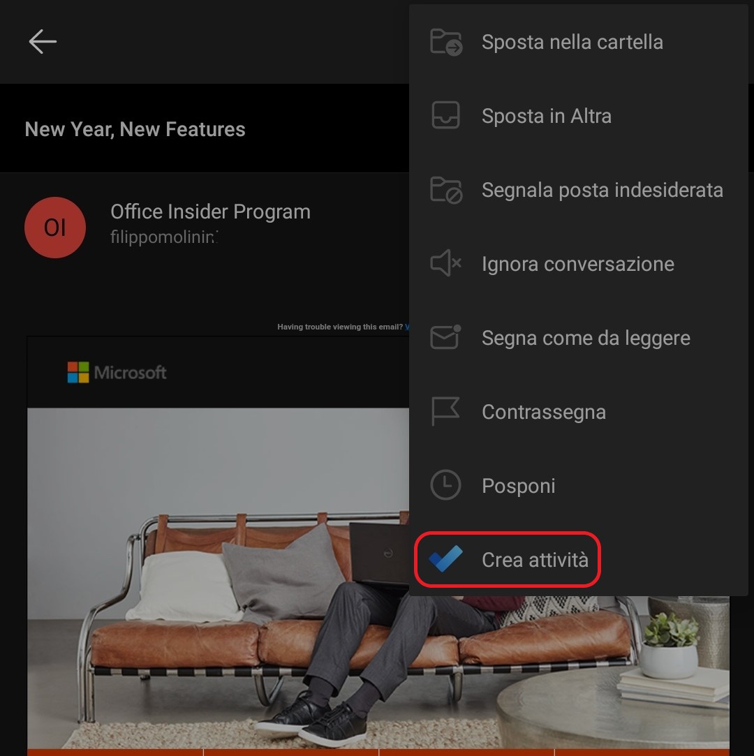 Microsoft Outlook per Android - Creazione task Microsoft To Do