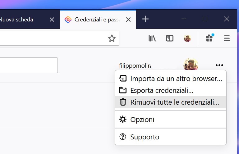 Mozilla Firefox 85 - Rimozione di tutte le credenziali di login