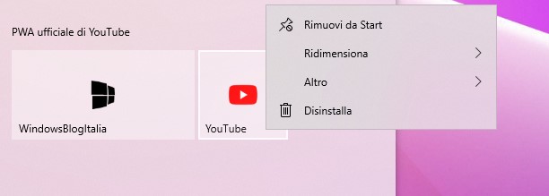 PWA di YouTube nel menu Start di Windows 10
