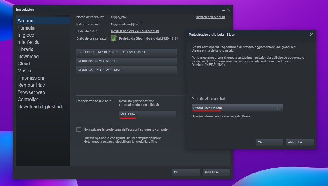 Steam per Windows - Partecipazione al programma Beta