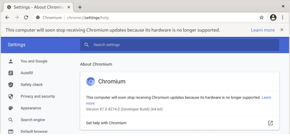 Browser Chromium stop supporto vecchie CPU