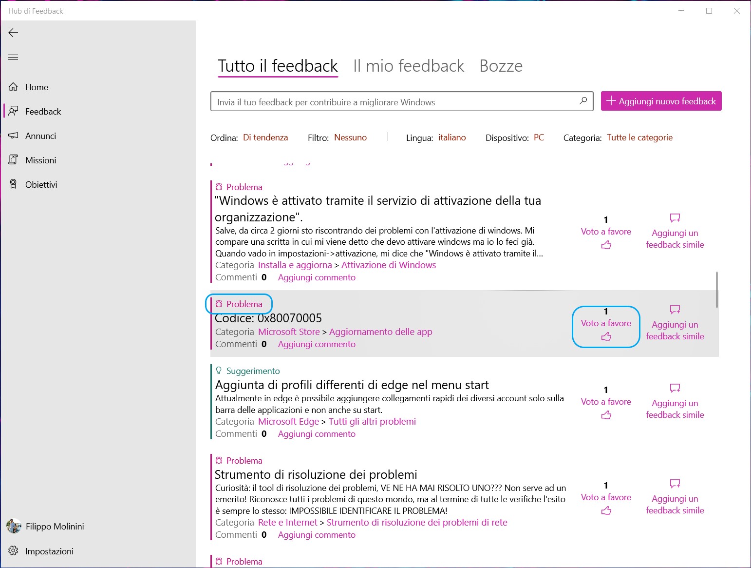 Hub di Feedback per Windows 10 - Voto a favore per i problemi