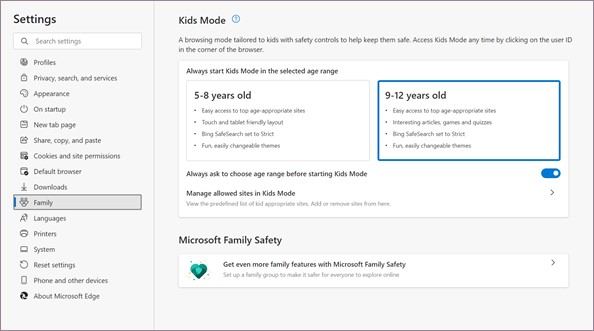 Microsoft Edge - Kids mode nelle impostazioni