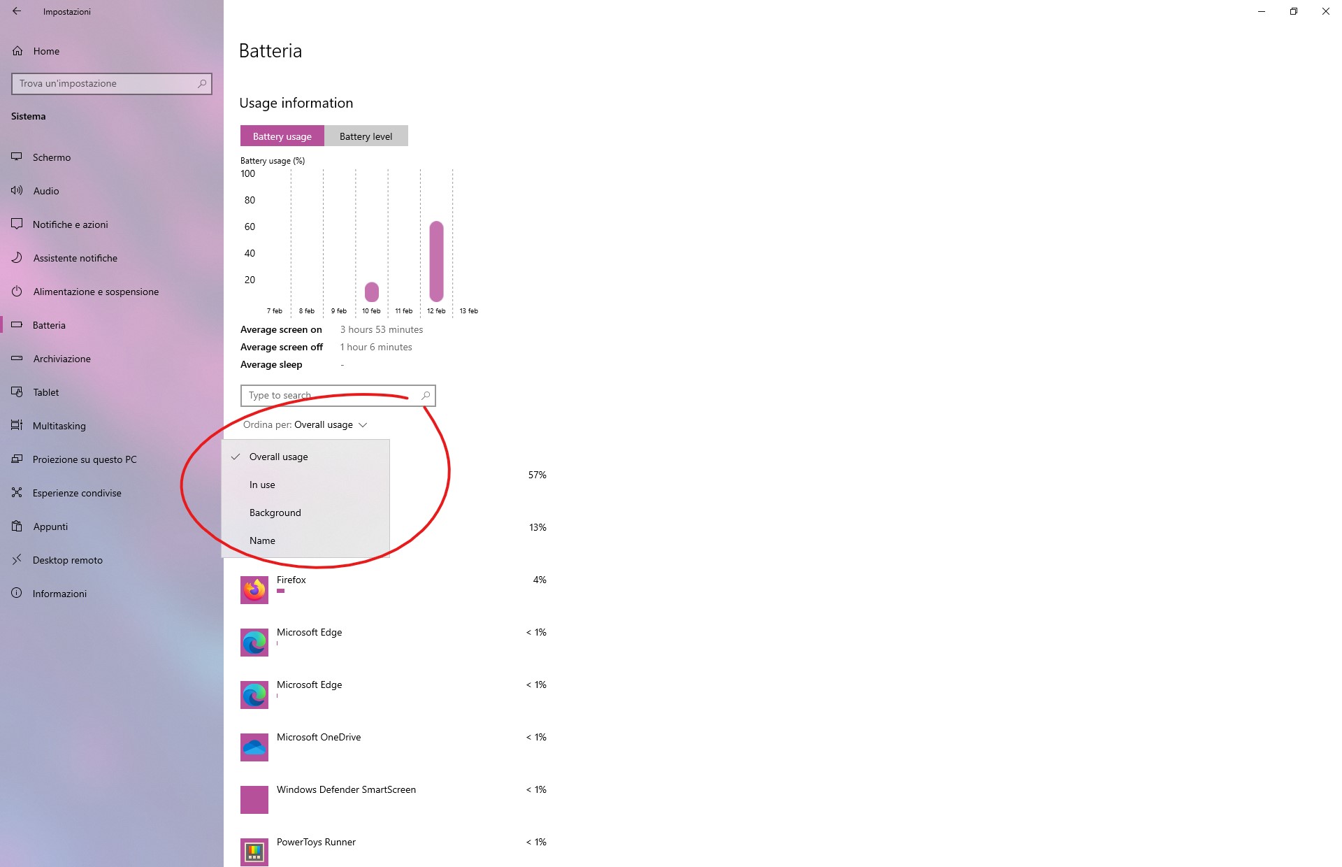 Nuova pagina Batteria nelle Impostazioni di Windows 10 - Ordinamento app e servizi che hanno usato la batteria