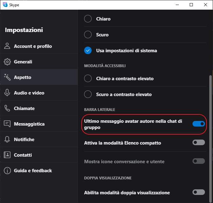Skype - Opzione Ultimo messaggio avatar autore nella chat di gruppo