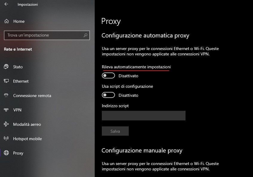 Windows 10 - Disattivazione voce Rileva automatica impostazioni proxy