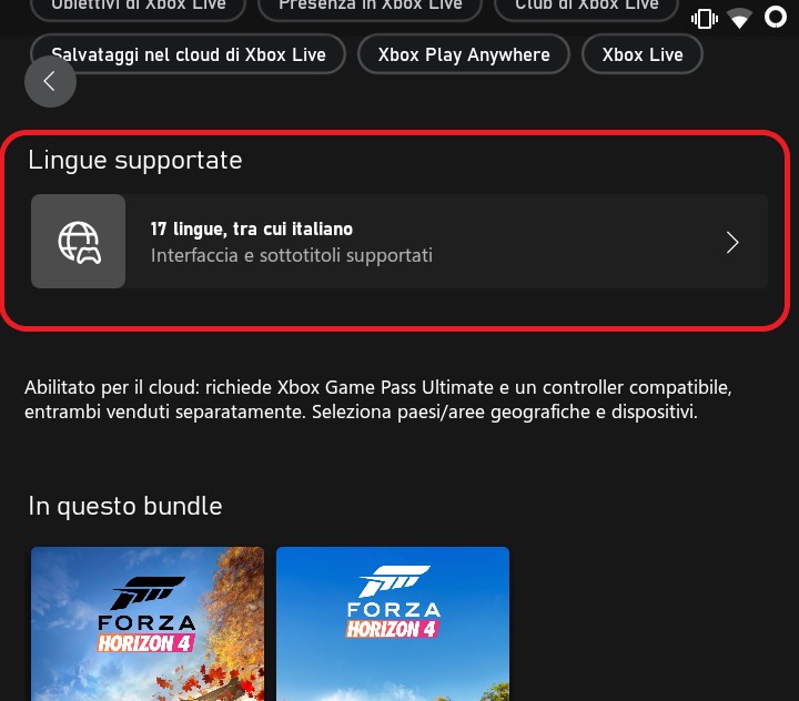 Xbox Game Pass (Beta) per Android - Visualizzazione lingue supportate