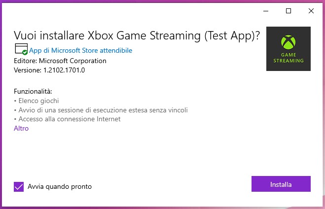 Xbox Game Streaming (Test App) - Windows 10 - Installazione pacchetto