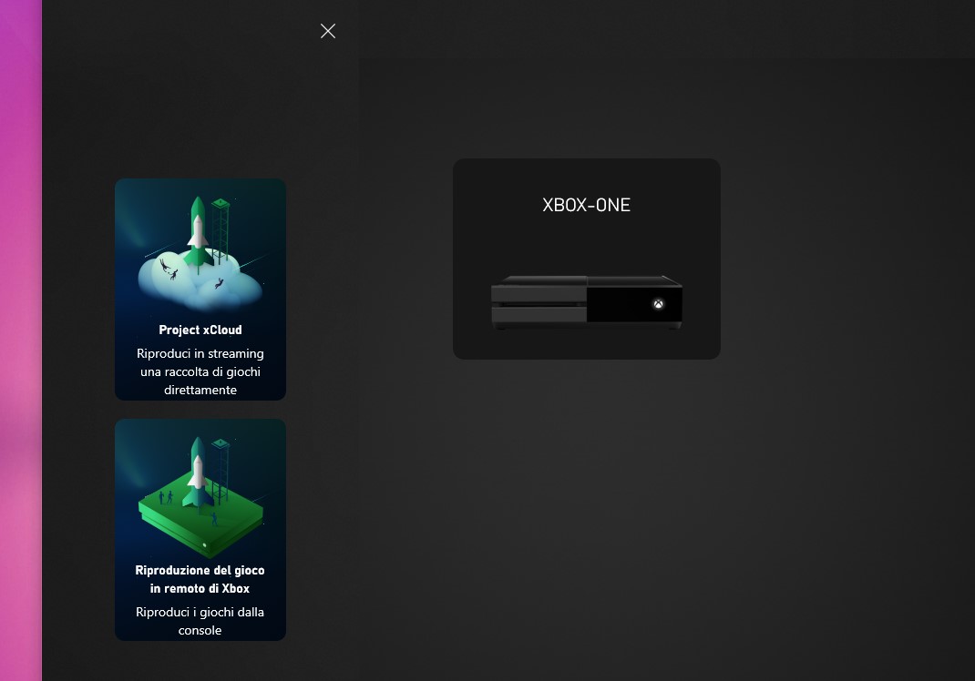 Xbox Game Streaming (Test App) - Windows 10 - Menu hamburger con Project xCloud e Riproduzione del gioco in remoto di Xbox