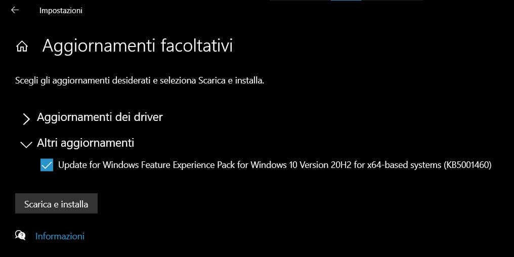 Aggiornamento Windows Feature Experience Pack - Windows 10 Insider canale Release Preview