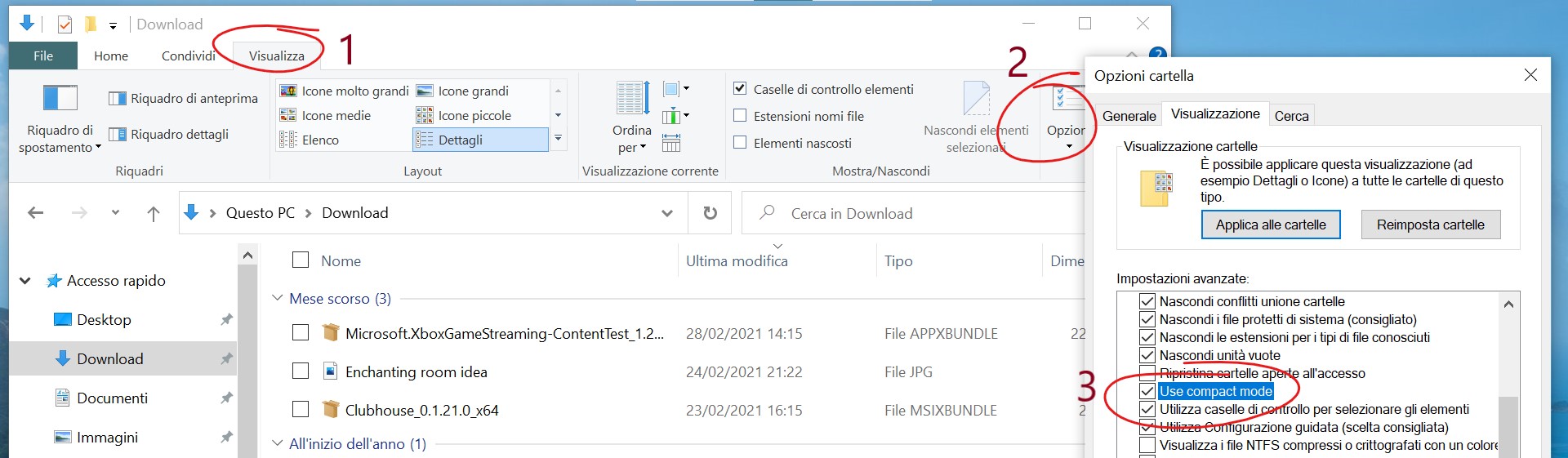 Esplora file - Impostazioni modalità compatta