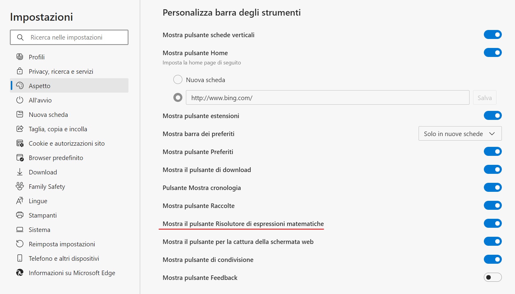 Microsoft Edge - Abilitare la voce Mostra il pulsante Risolutore di espressioni matematiche