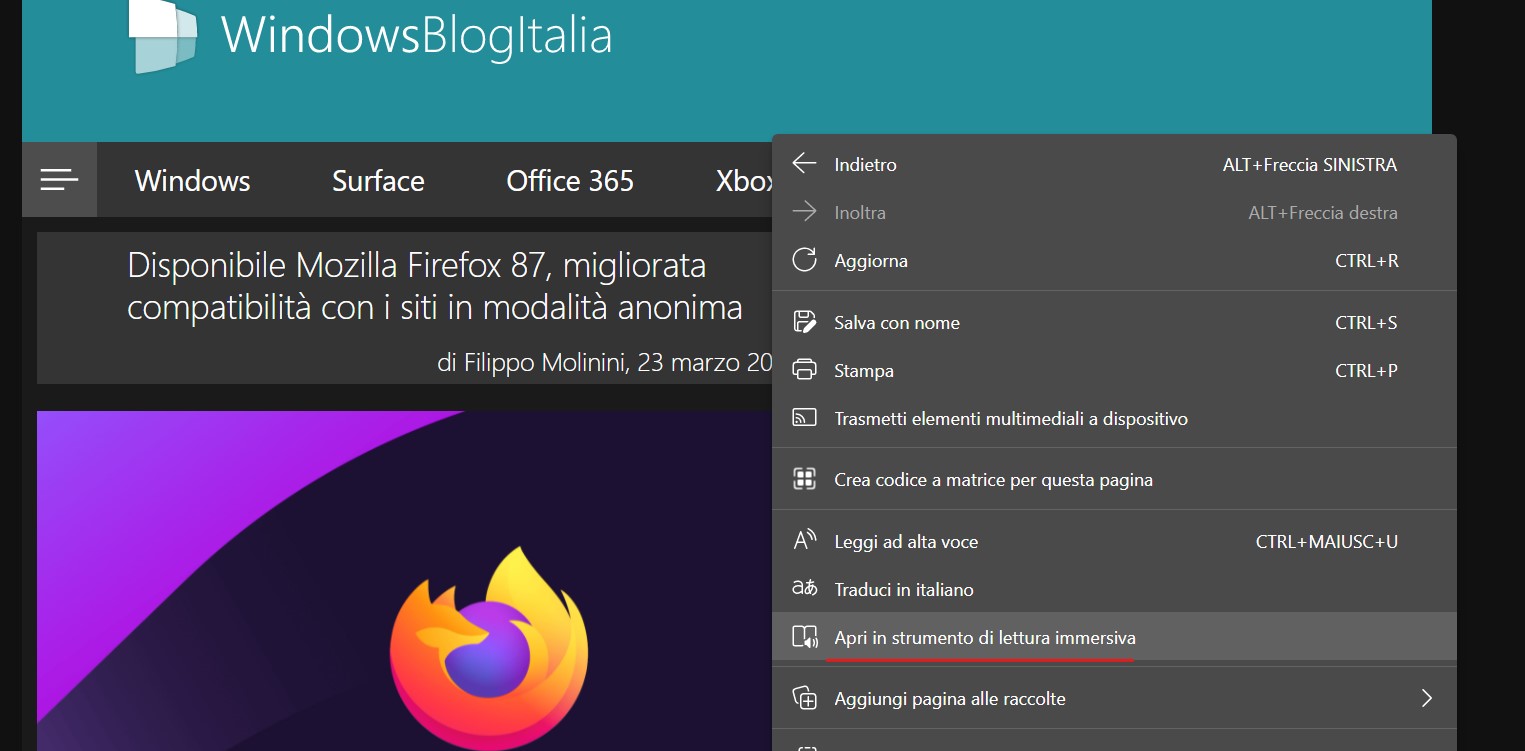 Microsoft Edge Dev - Apri pagina web nello Strumento di lettura immersiva