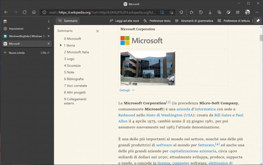 Microsoft Edge - Modalità lettura su Wikipedia