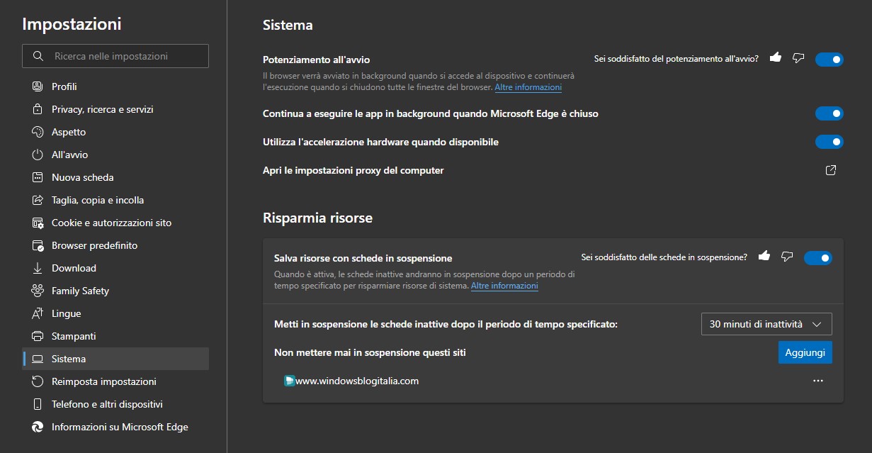 Microsoft Edge - Potenziamento all'avvio e Schede in sospensione