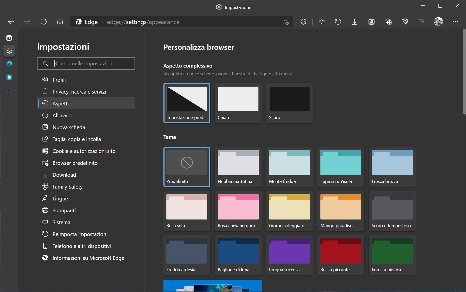 Microsoft Edge - Temi colorati predefiniti