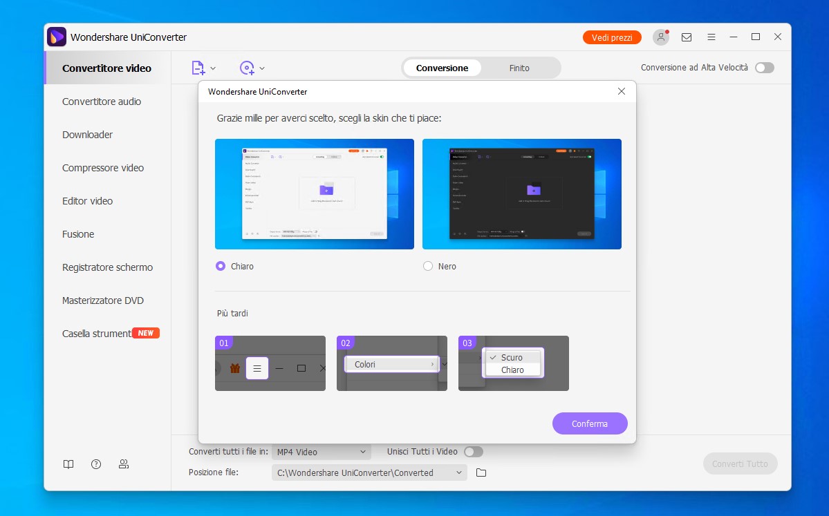 Wondershare UniConverter - Tema chiaro e tema scuro