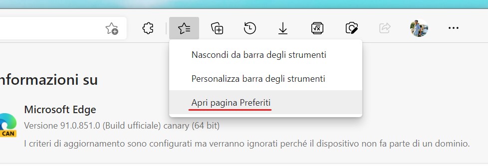 Microsoft Edge - Accesso semplificato a preferiti, cronologia e download - Apri pagina relativa