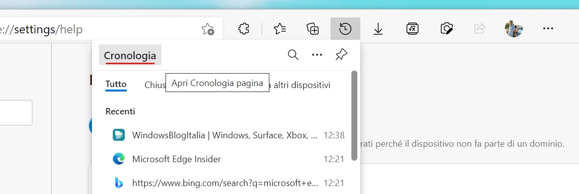 Microsoft Edge - Accesso semplificato a preferiti, cronologia e download - Click sul nome nel flyout