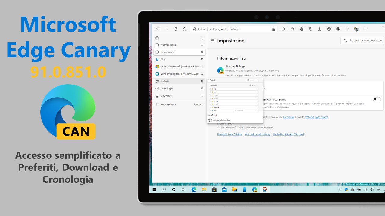 Microsoft Edge Canary - 91.0.851.0 - Accesso semplificato a Preferiti, Cronologia e Download