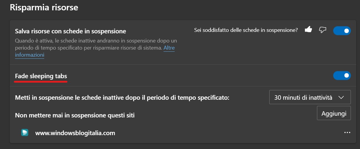 Microsoft Edge Dev - Fade per le schede in sospensione