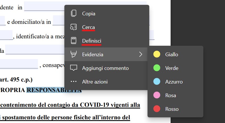 Microsoft Edge Dev - Nuovo menu PDF aggiornato - Cerca e definisci