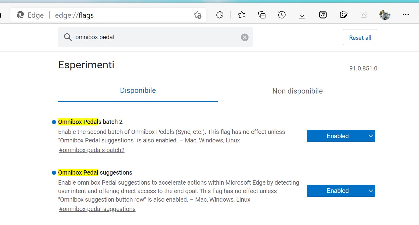 Microsoft Edge - Flag Omnibox Pedals Batch 2 e Suggestions