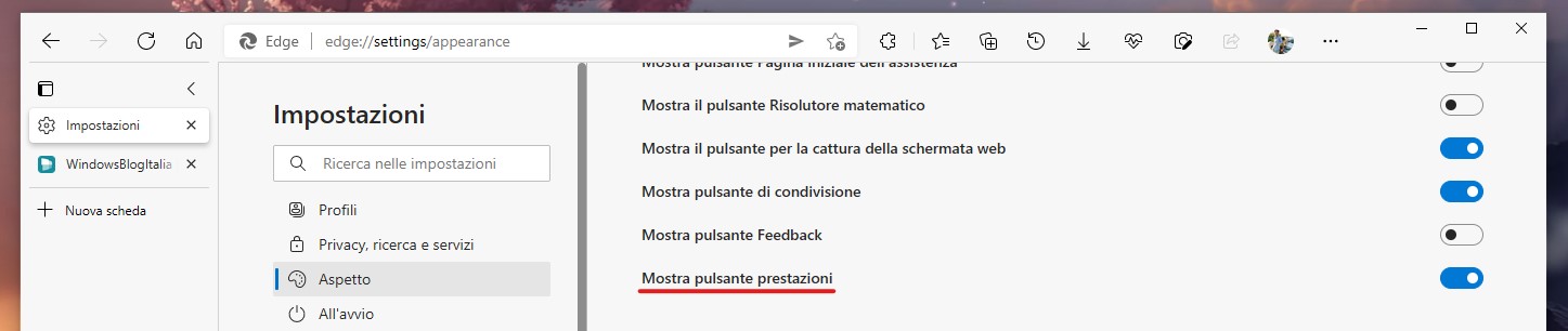 Microsoft Edge - Mostra pulsante prestazioni sulla barra degli strumenti