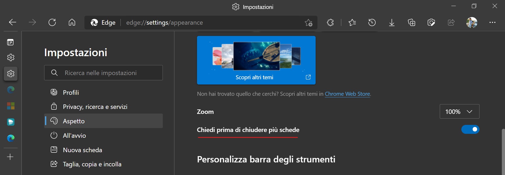 Microsoft Edge - Opzione Chiedi prima di chiudere più schede