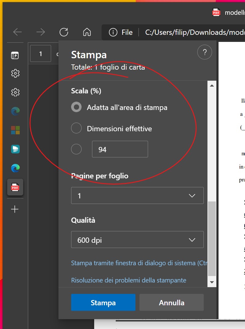 Microsoft Edge - Opzione scala per la stampa