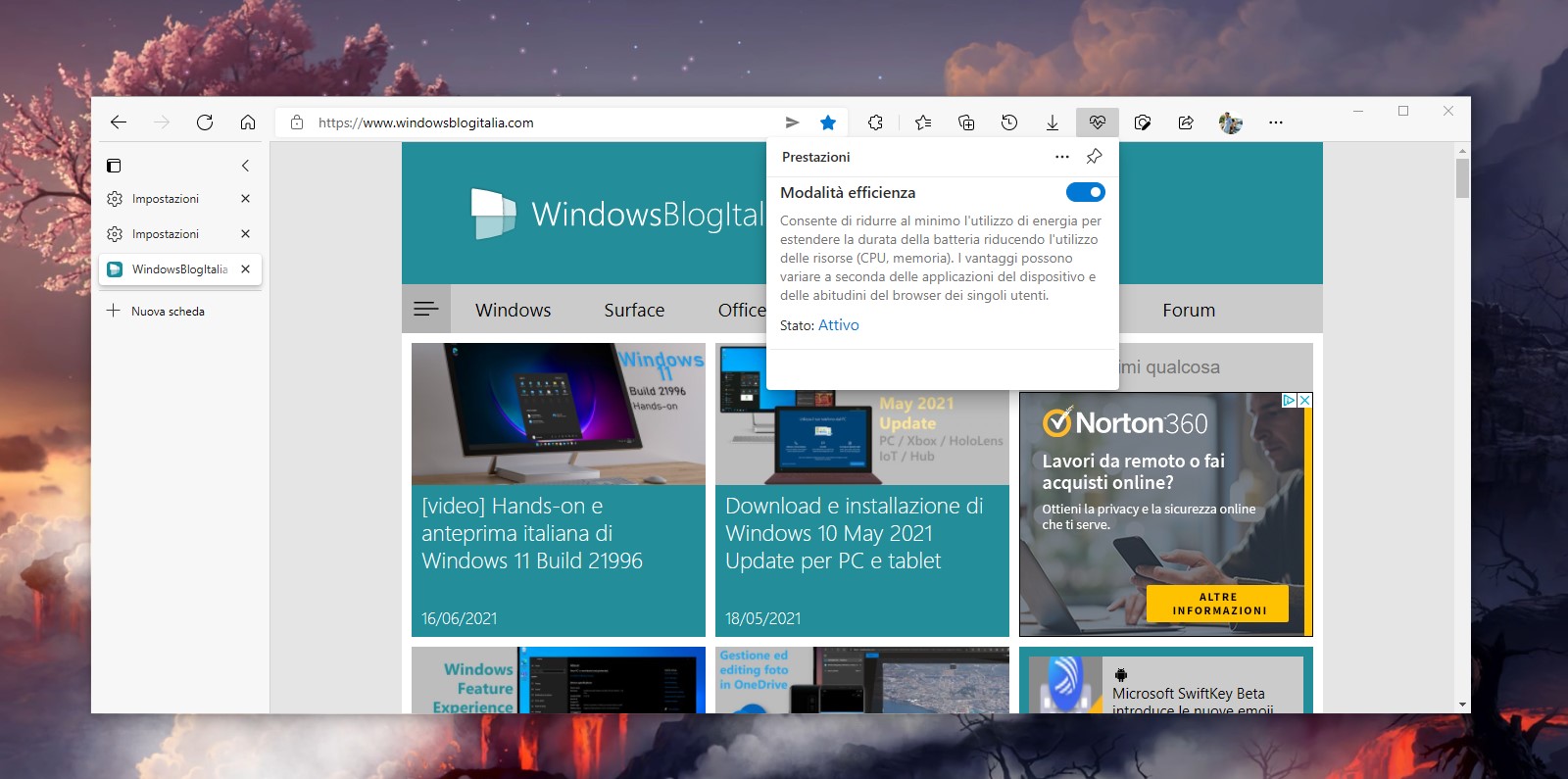 Microsoft Edge - Pulsante prestazioni sulla barra degli strumenti