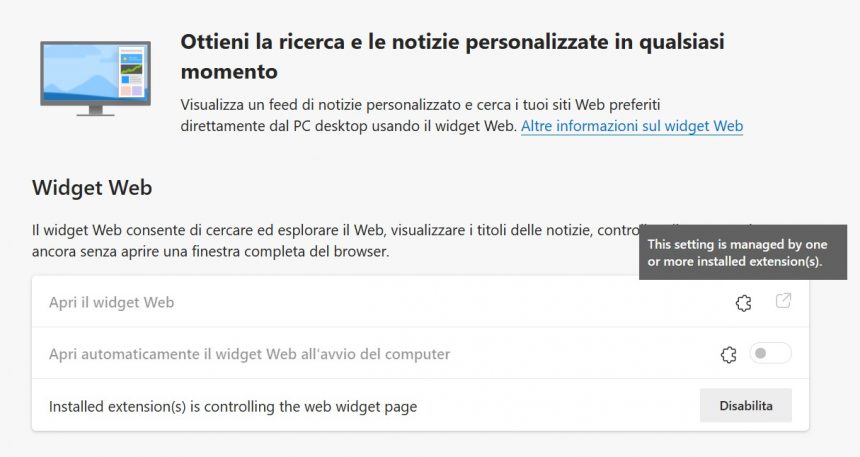 Microsoft Edge - Widget Web - Utilizzo bloccato da un'estensione installata nel browser
