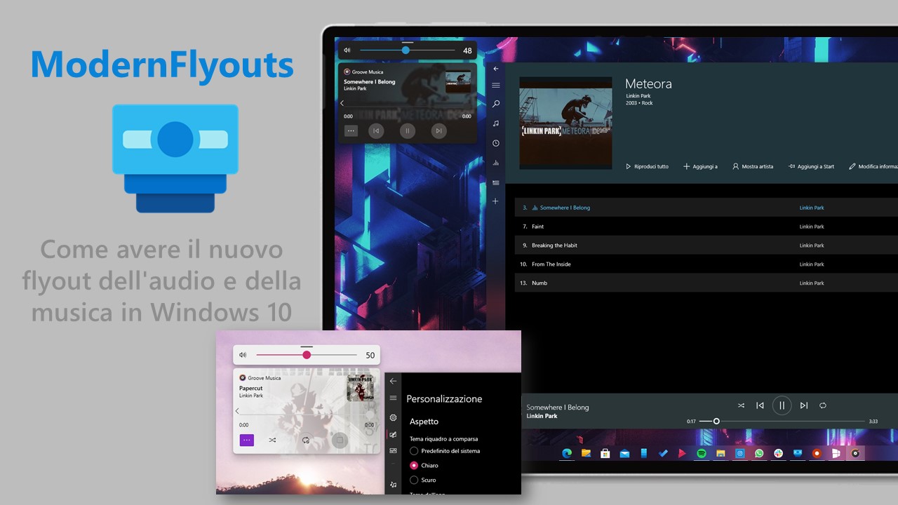 ModernFlyouts - Come avere il nuovo flyout dell'audio e della musica in Windows 10