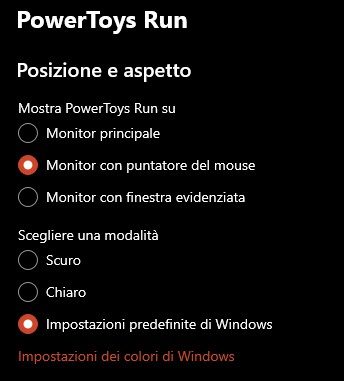 PowerToys Run - Impostazioni sulla posizione di visualizzazione dello strumento