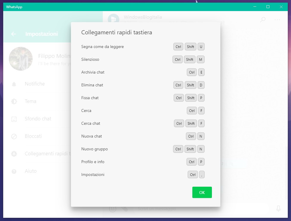 WhatsApp Desktop per Windows 10 - Scorciatoie da tastiera
