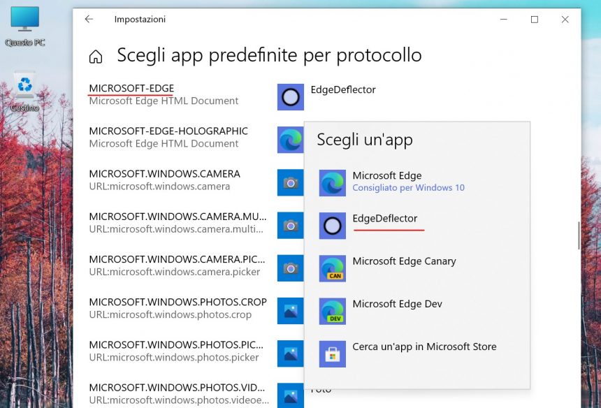 Windows 10 - Impostazioni app predefinite per protocollo - EdgeDeflector