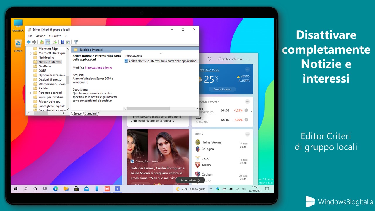 Come disattivare completamente il widget Notizie e interessi di Windows 10 - Editor Criteri di gruppo locali