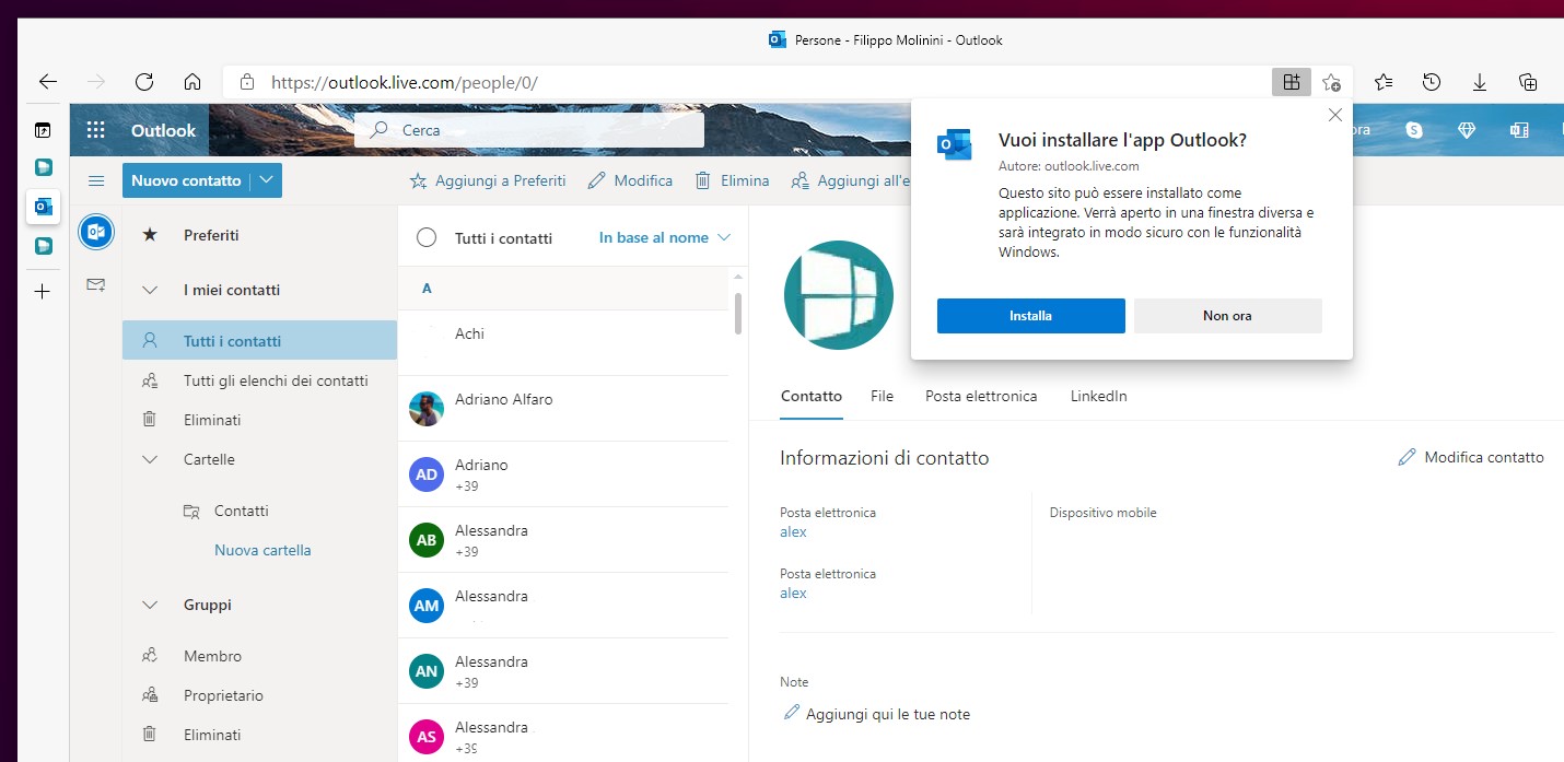 Contatti Outlook - Progressive Web App - Microsoft Edge
