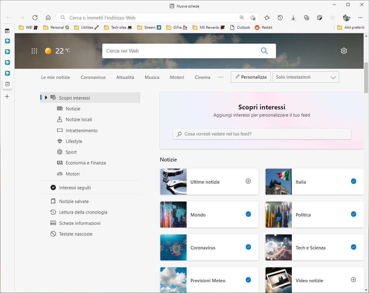 Microsoft Edge 91 - Personalizzazione interessi nella pagina Nuova scheda