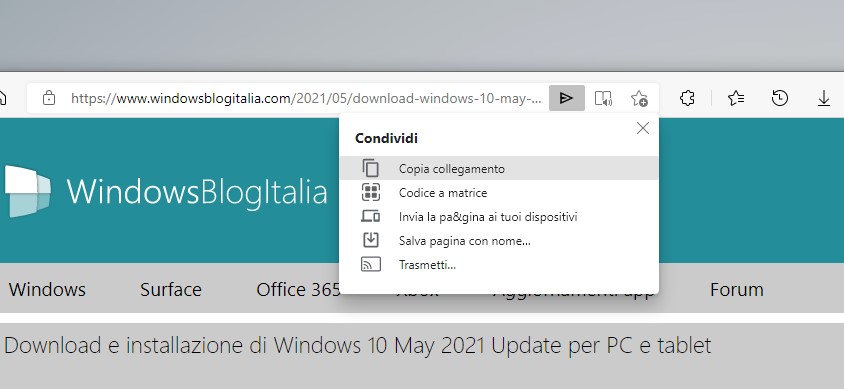 Microsoft Edge Canary - Nuovo hub di condivisione