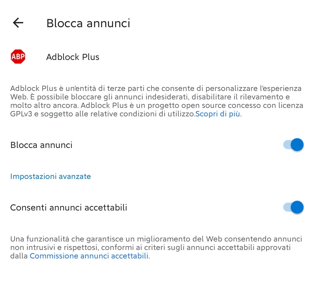 Microsoft Edge Canary per Android - Blocco annunci con Adblock Plus