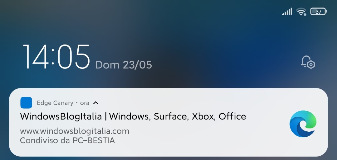 Microsoft Edge - Invia ai dispositivi - Notifica per la pagina web inviata sullo smartphone