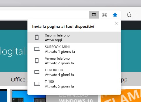 Microsoft Edge - Invia ai dispositivi - Selezione dispositivo a cui inviare la pagina web dal PC