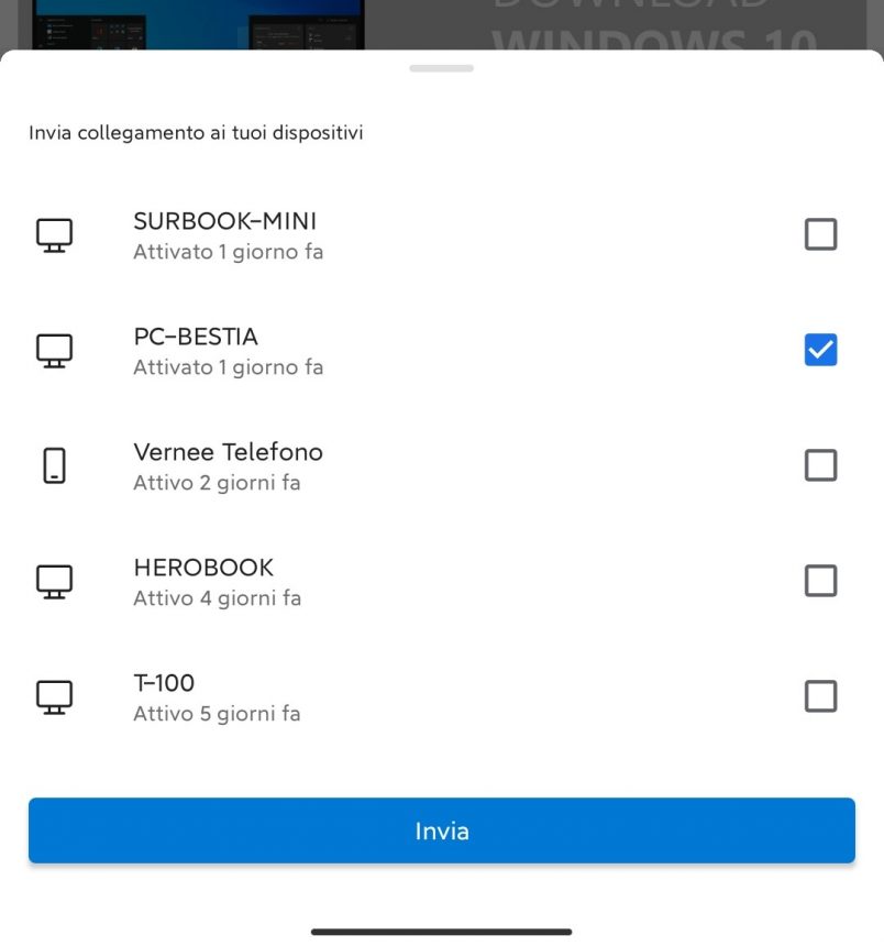 Microsoft Edge - Invia ai dispositivi - Selezione dispositivo a cui inviare la pagina web dallo smartphone