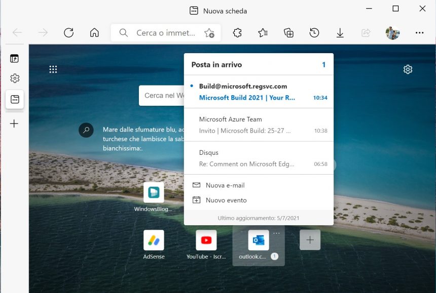 Edge Email Microsoft Edge ora integra un collegamento rapido alle mail di Outlook