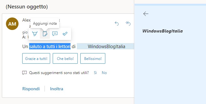 Outlook - Opzione Aggiungi nota